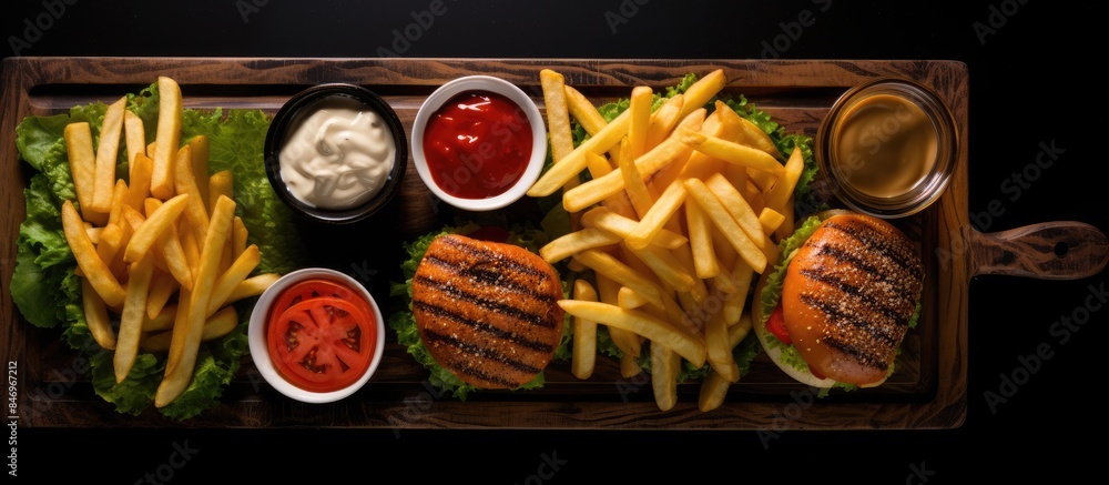 Poster Close-up view of a tray filled with delicious fries and a burger, accompanied by various sauces on a black surface. with copy space image. Place for adding text or design