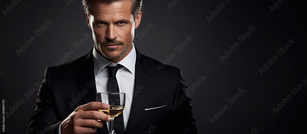 Poster a man wearing a suit is elegantly holding a glass of wine in his hand. with copy space image. place 