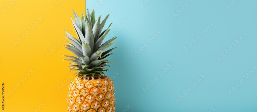 Aufkleber ripe pineapple resting on a table with a vibrant blue and yellow wall behind it. with copy space ima
