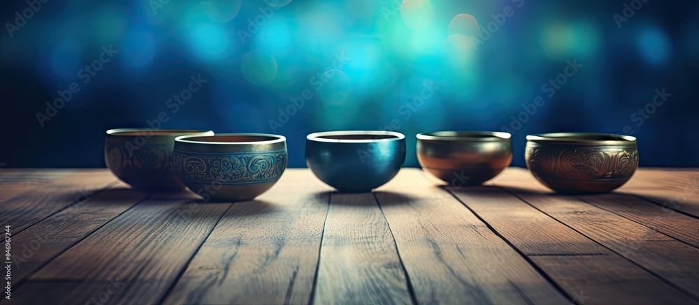 Aufkleber Lined up on a wooden table are three bowls of different colors, creating a vibrant display. with copy space image. Place for adding text or design