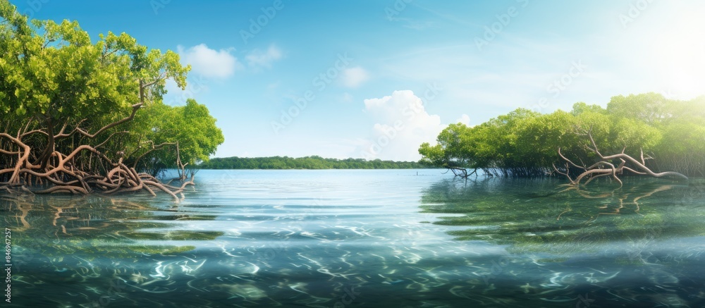 Poster lush mangrove trees growing in water along the sea coast, forming a picturesque mangrove forest ecos