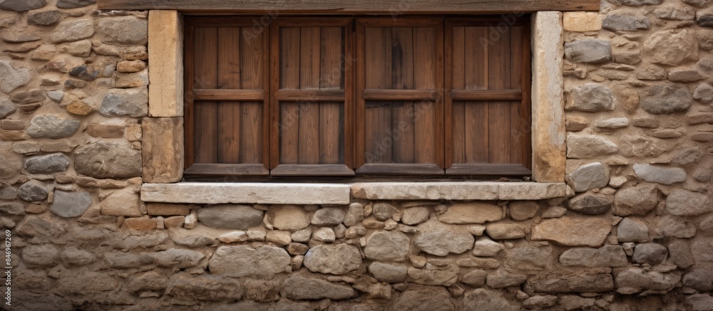 Poster Old weathered wooden window set against a rugged stone wall background. with copy space image. Place for adding text or design