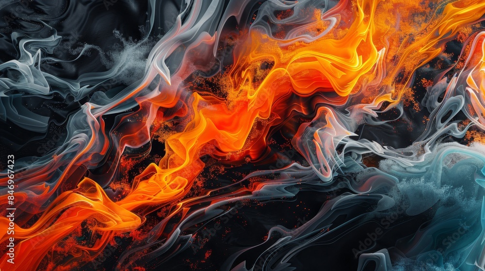 Poster vibrant abstract fluid art with fiery orange and cool grey tones blending together, creating a dynam