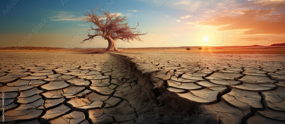 Poster a solitary palm tree stands in a parched desert landscape as the sun sets in the background, reveali