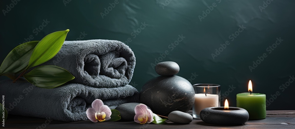 Poster table arrangement featuring towels, candles, and orchid flowers against a green background, creating