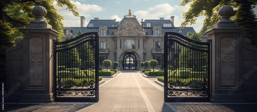 Poster elegant modern mansion seen through grand entrance gates with a sweeping driveway. with copy space i