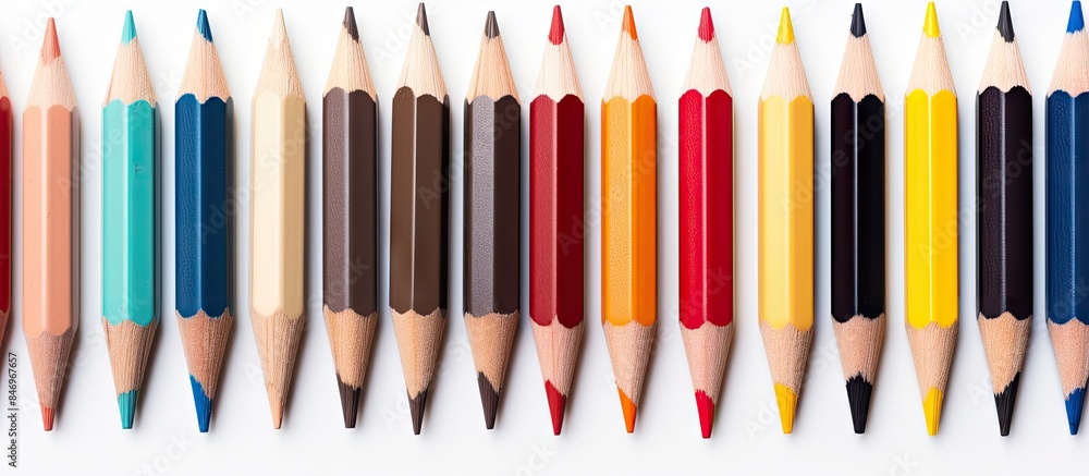 Aufkleber Row of assorted colored pencils, with one pencil slightly turned out of alignment. with copy space image. Place for adding text or design