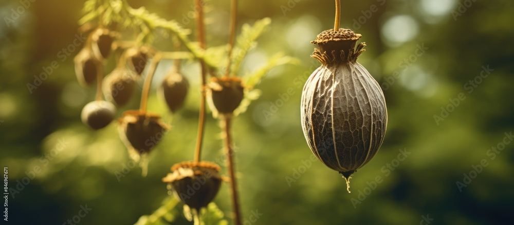 Aufkleber Pod from a tree seed hanging, set against a natural backdrop in a close-up view. with copy space image. Place for adding text or design