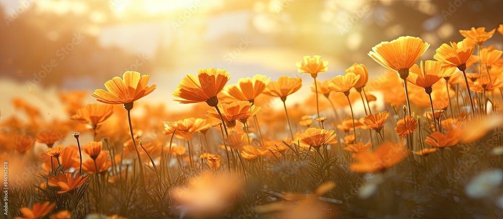Poster vibrant yellow flowers glowing in the sunlight, adding a pop of color to the scene on a sunny day. w