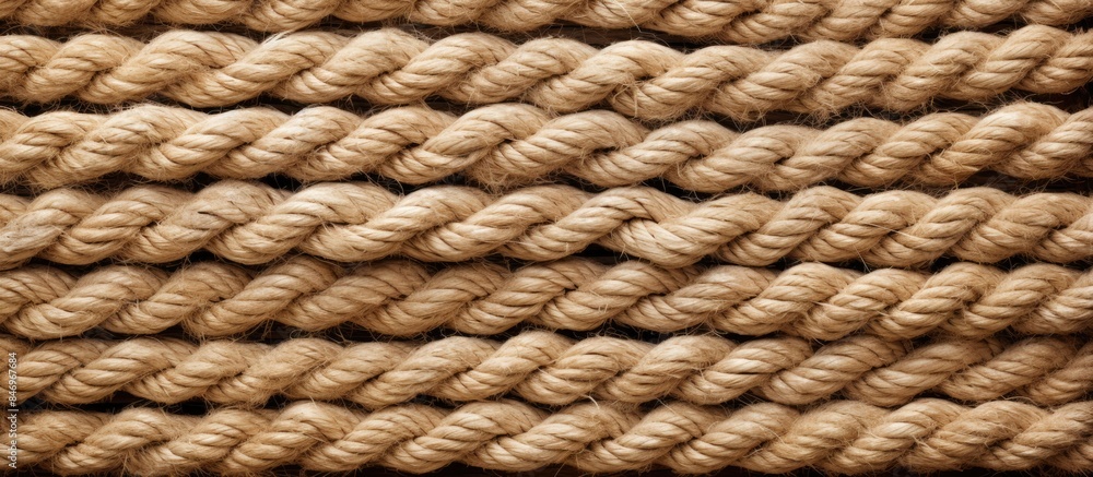 Poster Close-up view of a knot tied on a rope, showing the intricate details and texture of the aged rope. with copy space image. Place for adding text or design