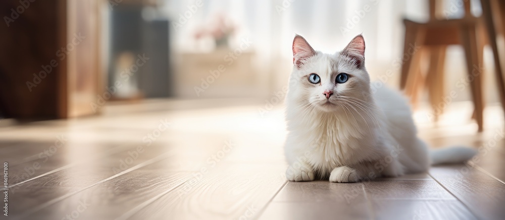 Poster white cat with grey face relaxing inside, eagerly anticipating mealtime and outdoor play. with copy 