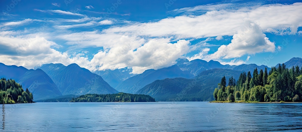 Aufkleber Scenic view of a tranquil lake surrounded by majestic mountains in the backdrop. with copy space image. Place for adding text or design