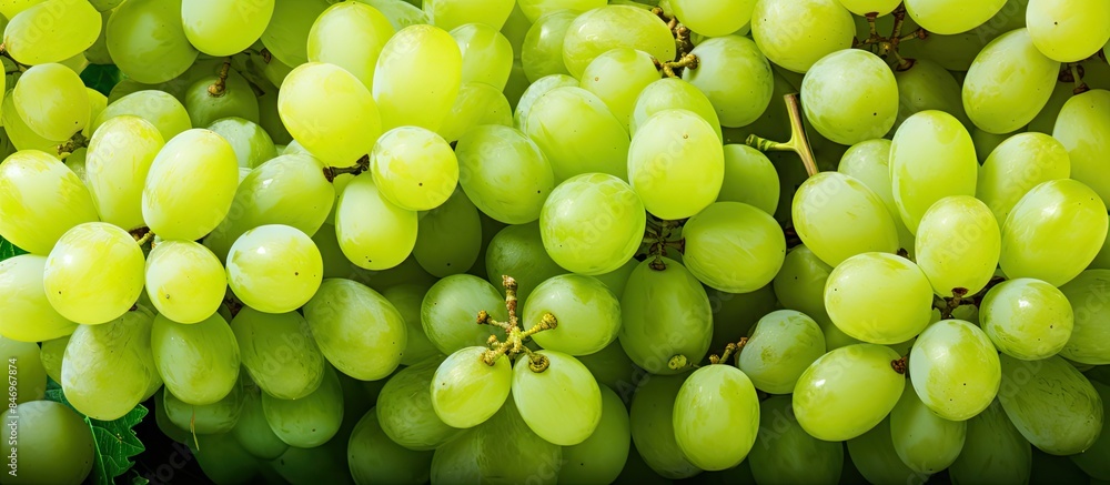 Poster cluster of vibrant green grapes seen up close, resting on a flat surface. with copy space image. pla