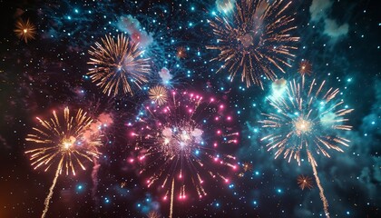 Naklejka premium A colorful display of fireworks lighting up the night sky with bright bursts of pink, blue, and yellow. Perfect for celebrations and festive events.