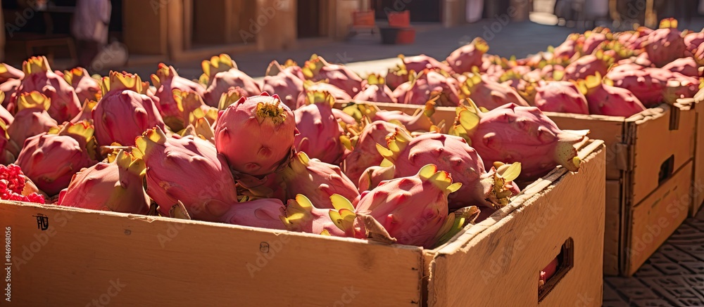 Poster Boxes of dragon fruit displayed on a table outside. Prickly pears in boxes at a Sicilian street market. with copy space image. Place for adding text or design