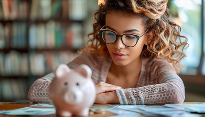 A young woman wearing glasses looks at a piggy bank and stacks of money thoughtfully.