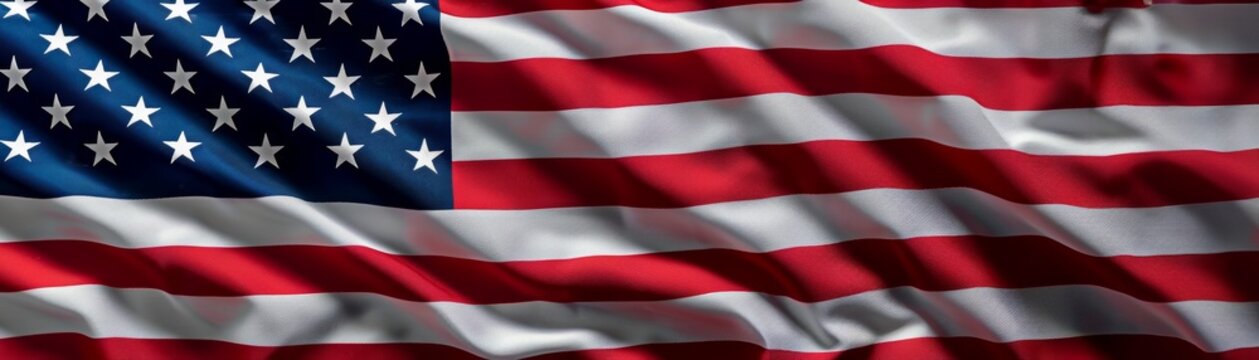 A high-resolution image of United States flag waving in the wind, showcasing vibrant red, white, and blue colors with stars and stripes. Wide banner of national flag.