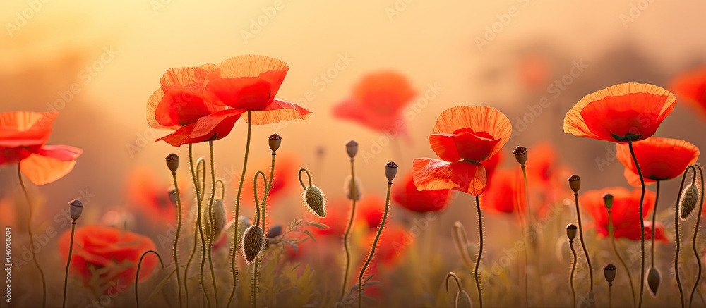 Fototapete vivid red flowers bloom in a field as the sun sets in the background casting a warm glow over the sc