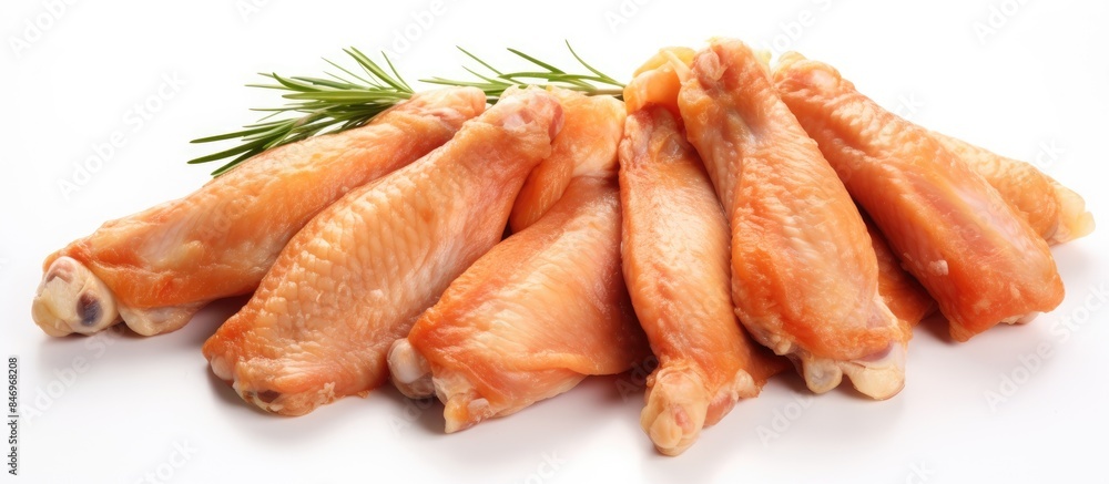 Poster a close-up view of uncooked chicken wings accompanied by a fresh sprig of rosemary, emphasizing natu