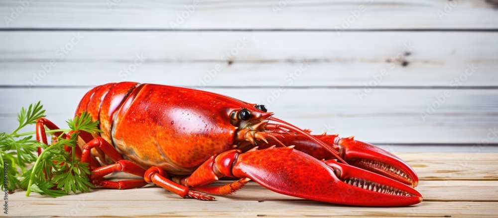 Poster Close-up image of a lobster served with a decorative parsley garnish. with copy space image. Place for adding text or design
