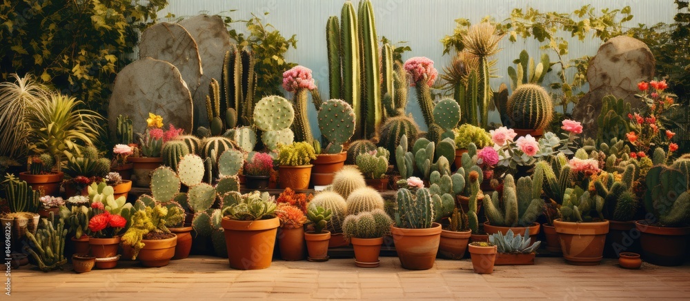 Aufkleber variety of cactus species arranged in small vintage garden. with copy space image. place for adding 