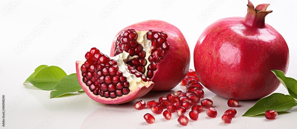 Leinwandbilder a fresh pomegranate sliced in half, alongside a whole ripe pomegranate and scattered seeds, all on a