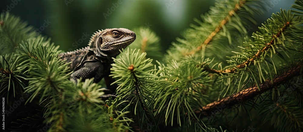 Aufkleber Small reptile perched atop spruce branch in a dark forest setting, captured with a shallow focus technique. with copy space image. Place for adding text or design
