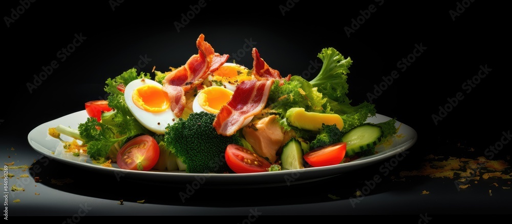 Leinwandbilder plate of food featuring a healthy vegetable salad and cooked eggs. with copy space image. place for 