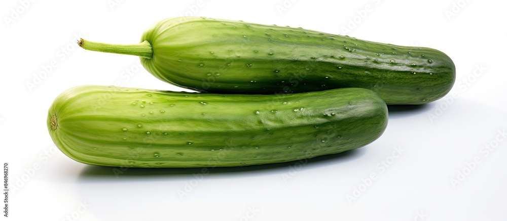 Poster two fresh cucumbers placed on a plain white surface. with copy space image. place for adding text or