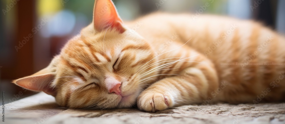 Poster Ginger feline in amusing sleeping position viewed from above resting peacefully. with copy space image. Place for adding text or design