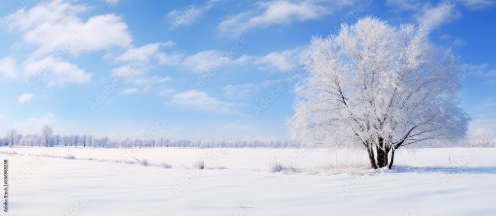 Leinwandbilder Snow-dusted tree standing alone in a field against a backdrop of a serene blue sky during winter. with copy space image. Place for adding text or design
