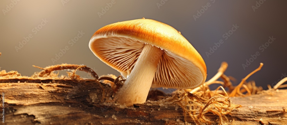 Aufkleber boletus mushroom in a detailed close-up view atop a piece of wood. with copy space image. place for 