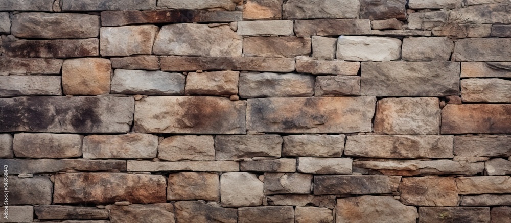 Aufkleber Rough stone wall with a prominent fire hydrant set in the middle, showcasing a texture of corrosion and grunge for web design. with copy space image. Place for adding text or design