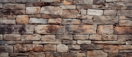 Fototapeta premium Rough stone wall with a prominent fire hydrant set in the middle, showcasing a texture of corrosion and grunge for web design. with copy space image. Place for adding text or design