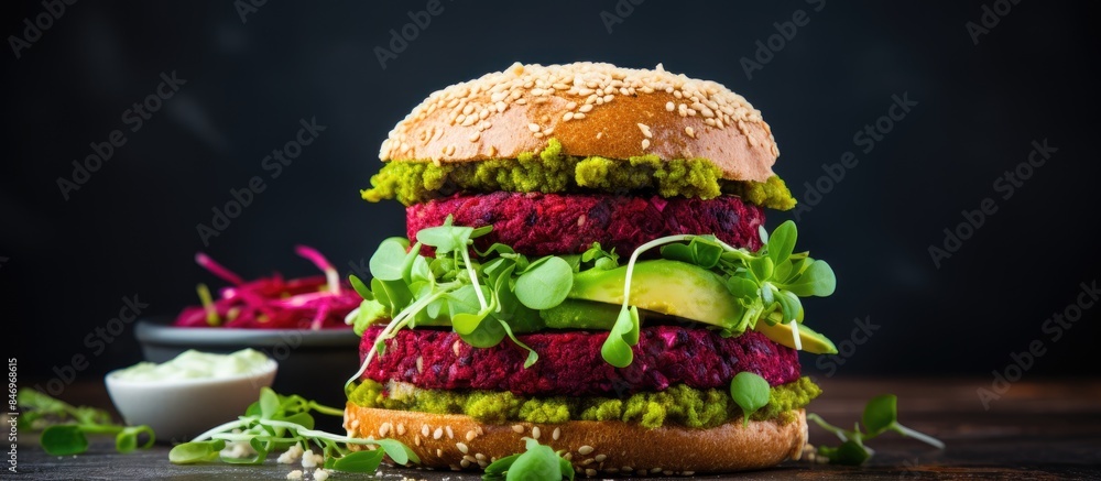 Poster A close-up of a delicious vegan beet and quinoa burger topped with avocado dressing, served with a side of crisp pickles. with copy space image. Place for adding text or design