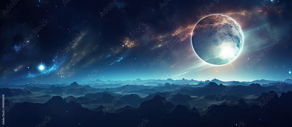 Poster Planet with a brilliant light shining over the mountain range in a stunning celestial scene. with copy space image. Place for adding text or design