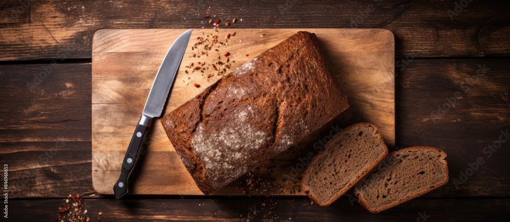 Poster close-up view of a loaf of bread on a cutting board with a knife, set against a wooden background wi