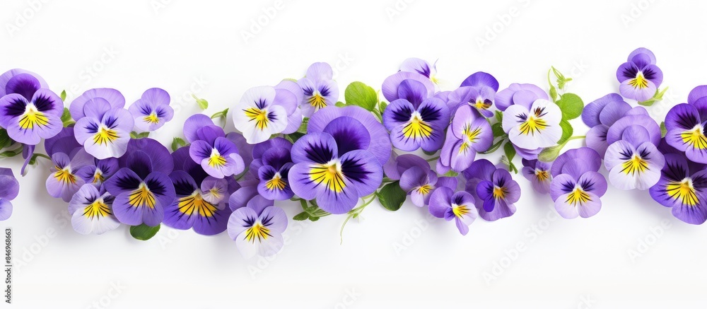 Leinwandbilder multiple blooming violas with vibrant purple hues contrast on a clean white backdrop interspersed wi