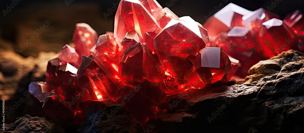 Poster Red natural crystals clustered on a rock surface, used in various industries and jewelry making. with copy space image. Place for adding text or design