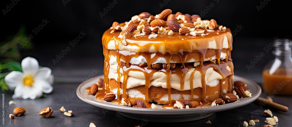 Fototapete cake topped with rich caramel and crunchy nuts, perfect for indulging in a sweet and nutty treat. wi