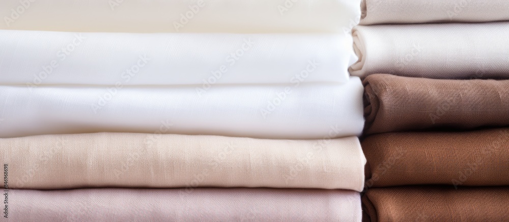Poster Stack of folded sheets neatly arranged on a flat table top. with copy space image. Place for adding text or design