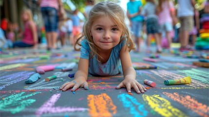 Children use colored chalk to create colorful art on the sidewalk or street.
