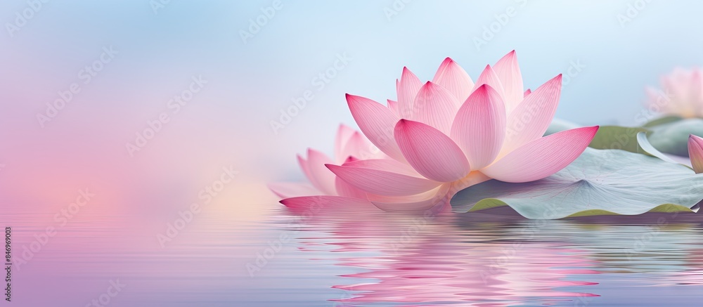 Poster pink lotus flowers reflecting in calm waters on a tranquil day, with lush green leaves in the backgr