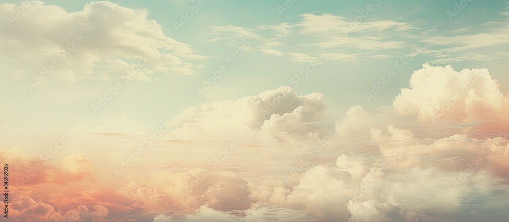 Poster up in the sky, a plane soars gracefully through billowing clouds, evoking a vintage retro vibe. with