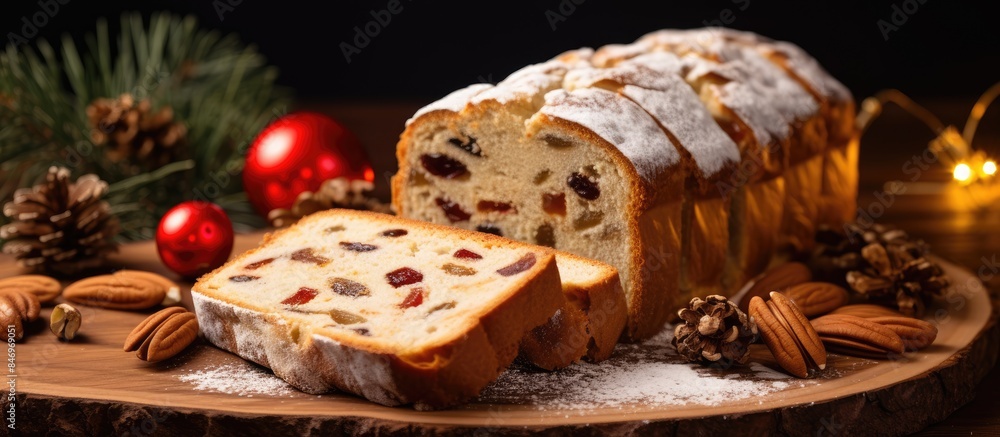 Poster close-up view of a bread loaf rich with nuts and pecans, adding a delightful crunch and flavor. with