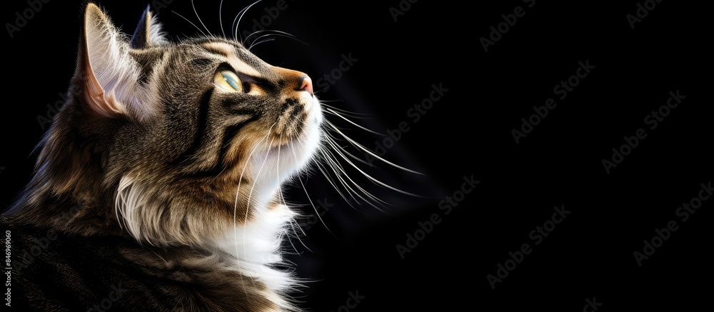 Poster Tabby feline in brown and white looking upwards curiously with beautiful eyes. with copy space image. Place for adding text or design