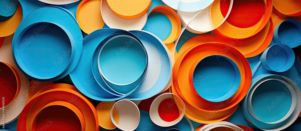 Aufkleber Vivid assortment of plates and bowls on a wall, creating a vibrant display. with copy space image. Place for adding text or design