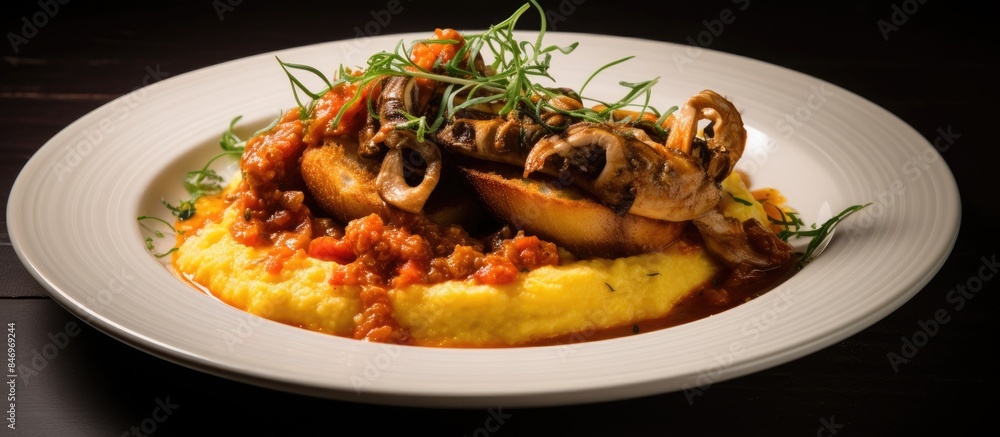 Aufkleber savory squid stew paired with creamy polenta and crispy crostini, a time-honored italian culinary de