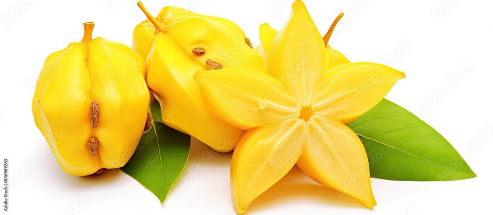 Leinwandbilder fresh and green fruits, each with a vibrant leaf, displayed on a clean white background. with copy s