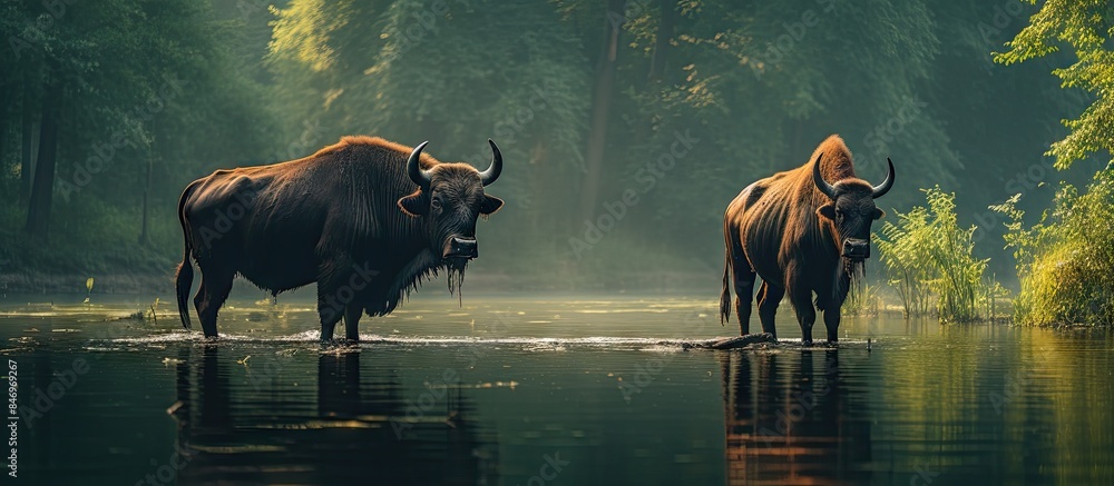 Poster Wild bulls Gaur bison standing by lake in forest. with copy space image. Place for adding text or design